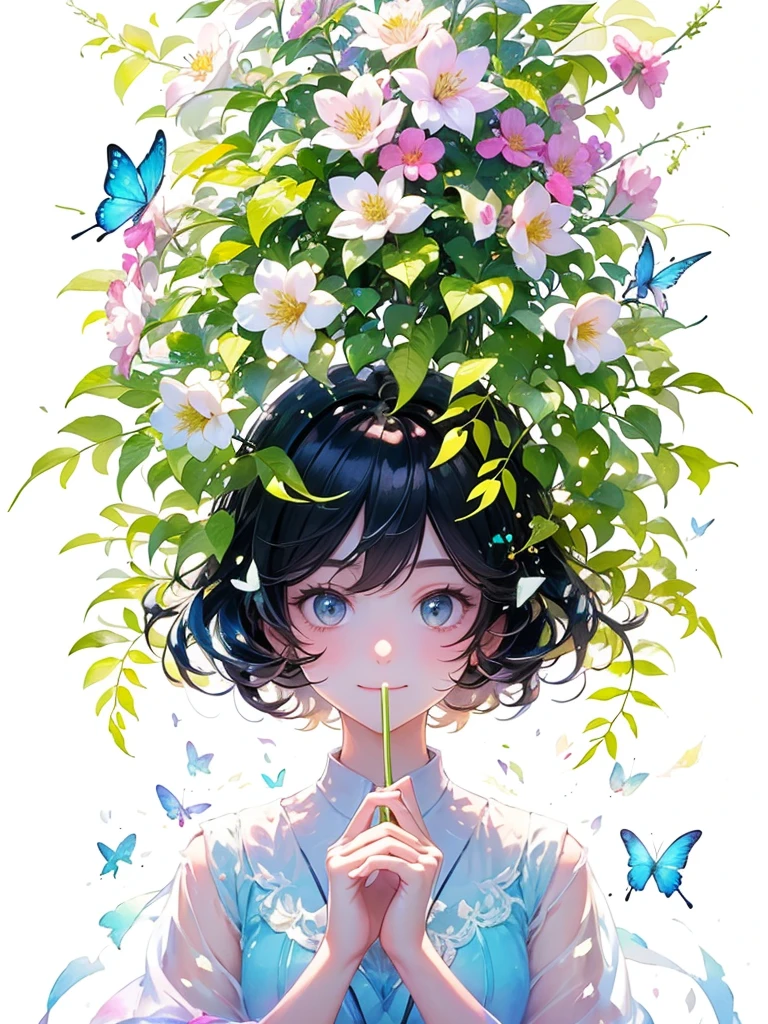 (masterpiece、Highest quality、Highest quality、Beautiful and beautiful:1.2)、Excellent anatomy、(Watercolor painting 1.5)、Composition looking up from a low position、Long Shot、Straight short hair picture、Beautiful smile、Butterfly fairy costume、Pure white、Pure、charm、Looking into the camera、Colorful flowers, Flowers and leaves green wind、Botanical Art, Mr.々A pose