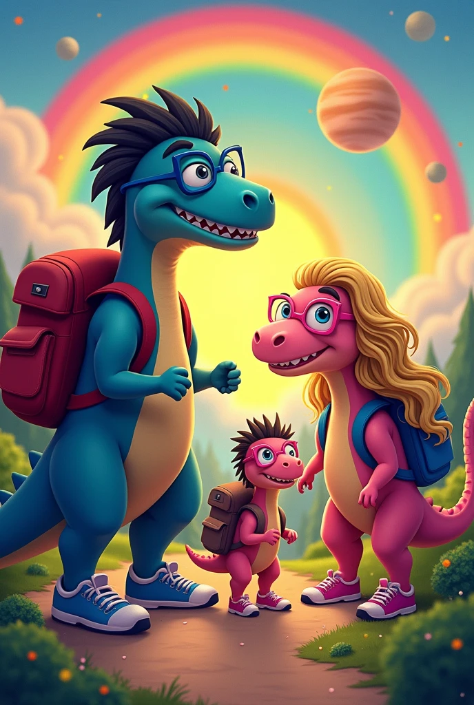 Father dinosaurs high, Bblack hair, Wearing blue glasses, wearing sneakers, gray backpack. Tall beautiful pink dinosaur mother, long curly blonde hair, Wearing Pink Glasses, turned legs, wearing sneakers, black backpack. Pink Dinosaur Daughter, Wearing Pink Glasses, long black curly hair, wearing sneakers,  pink backpack. Bright orange sun in the sky, very beautiful rainbow, medium moon and Jupiter. trail landscape. Disney  style.