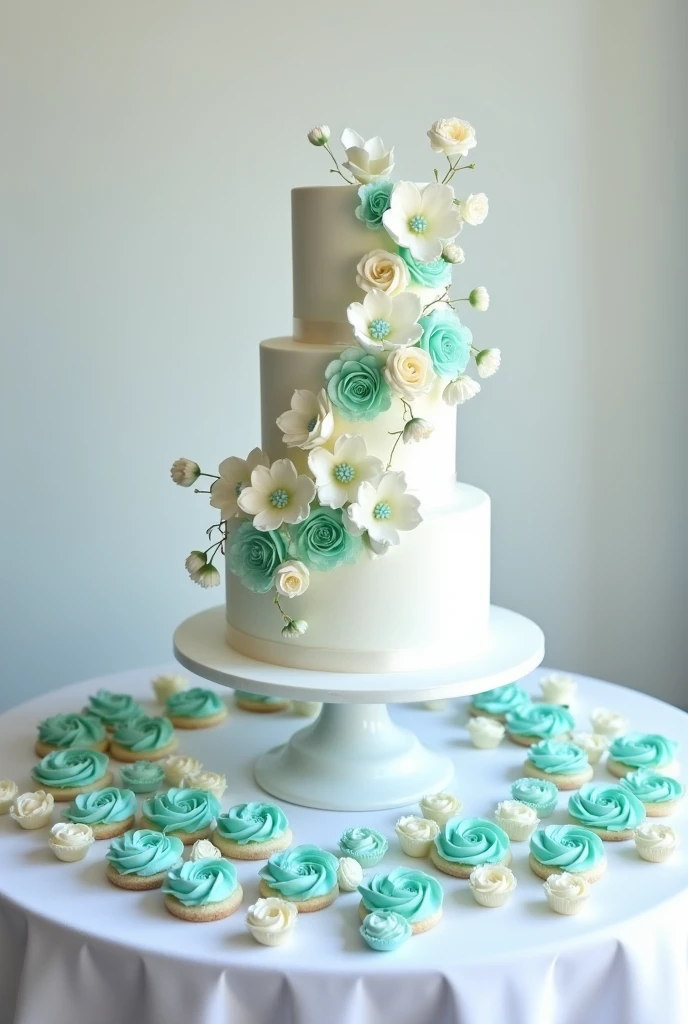 create a christening table with a white cake , white and turquoise flowers, white sweets in flower molds in different shades of turquoise