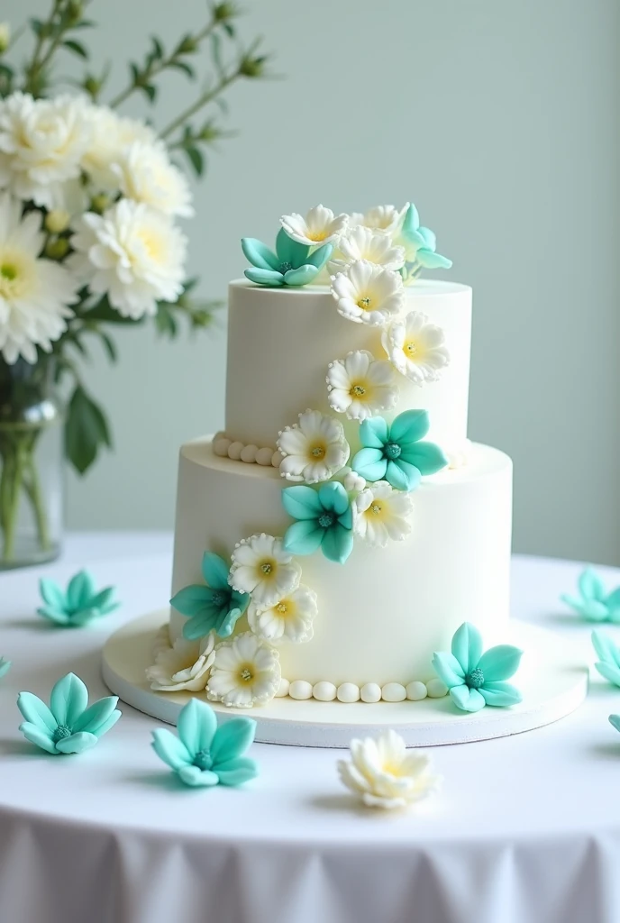 create a christening table with a white cake , white and turquoise flowers, white sweets in flower molds in different shades of turquoise