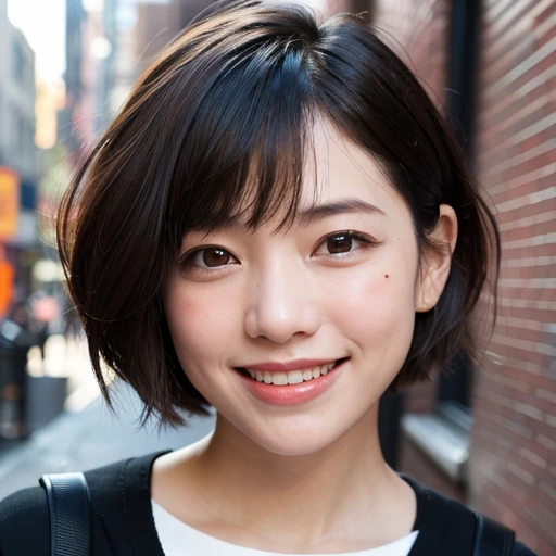 (((Face close-up)))、(((short hair)))、(((She is photographed with the backdrop of a New York alleyway))、(Natural laughter:1.25)、、1 girl、Independent、I&#39;looking forward to it、Natural Makeup、Brown Hair Color、flat 、、Quality of actress、Shiny, Ultra-realistic faces、smile、Watery eye、look up、Subtle lighting effects、 Ultra-Realistic Capture、Very detailed、High resolution 16K human skin closeup。Skin texture must be natural.、skin is healthy、Even Tone、Use natural light and color、worn out, High quality photos taken by modeling agencies&#39;In-house photographer.、smile、(((Sigma 300mm F/1.4,1/1000 sec shutter,ISO400)))、The background is F-stop 1....4 is blurry