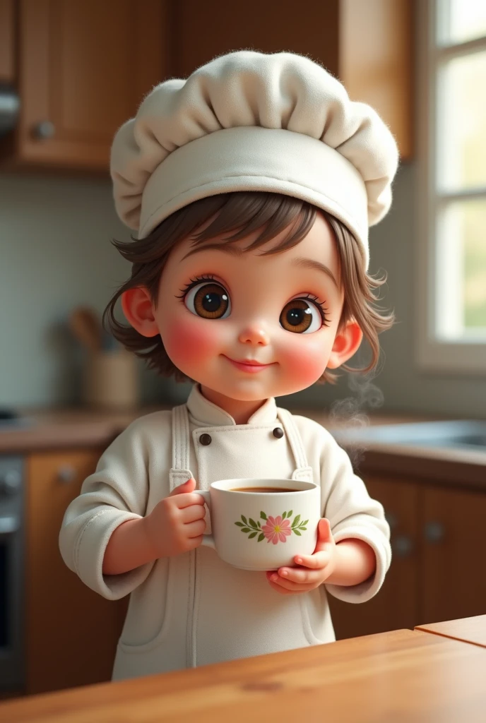 Baby girl dressed as a chef drinking coffee