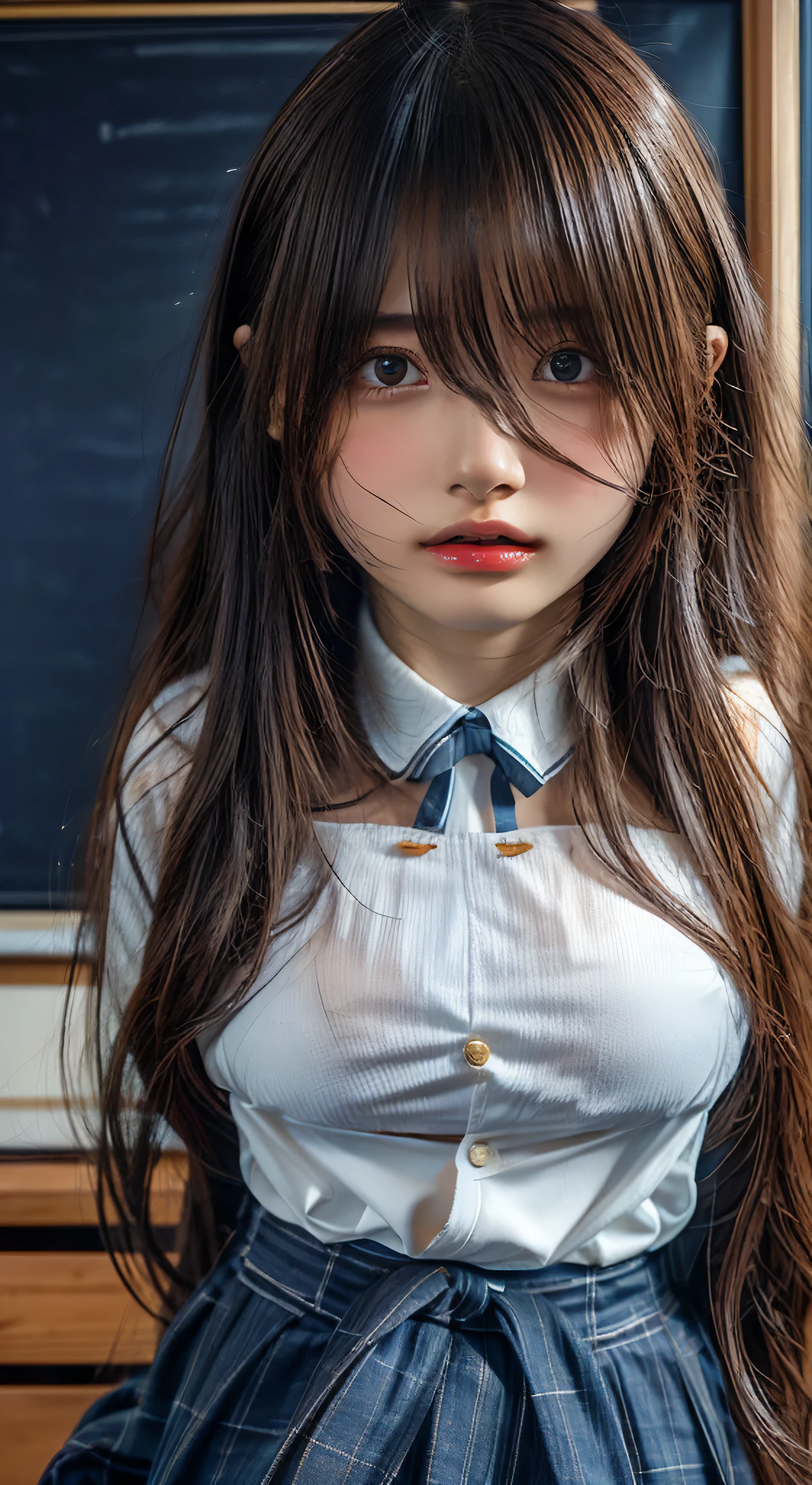 (Highest quality、Tabletop、、Best image quality、Award-winning works)、Extremely cute and lewd high school girl、White polyester collared shirt ripped because her breasts were too big、Short sleeve:1.4)、(Navy Pleated Skirt:1.1)、Girl portrait photography、Glowing Skin、Brown Hair、Are standing、View your viewers、Sculpture Pose、(Classroom Background:1.45)、(Large Breasts:1.8)、Accentuate your body lines:1.1)、Very large red ribbon tie、Very long hair:1.75、((A face begging a man to hold her:1.95))