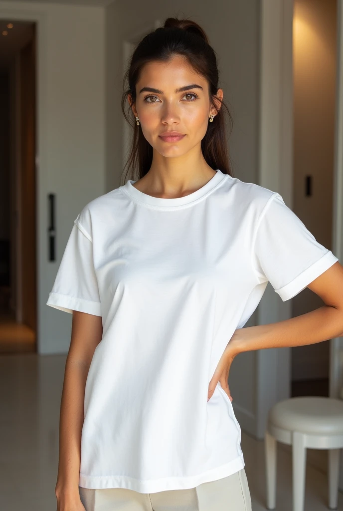 young latin woman with tied hair wearing a white cotton round neck t-shirt with her hand on her waist and a fashion background