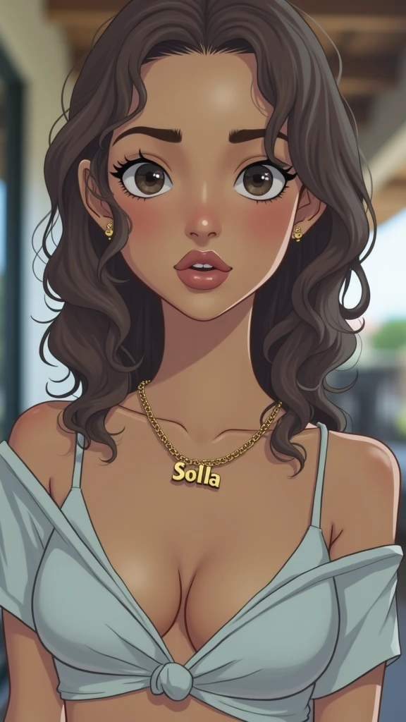 1 Brazilian girl. Small, slightly slanted black eyes. Medium brown wavy curly hair. A fuller face and well-defined lips. Darker brown skin. A necklace with the name Solla. Smaller, more slanted eyes. Curly hair, much more frizzy.  For some reference to the LGBT communit.