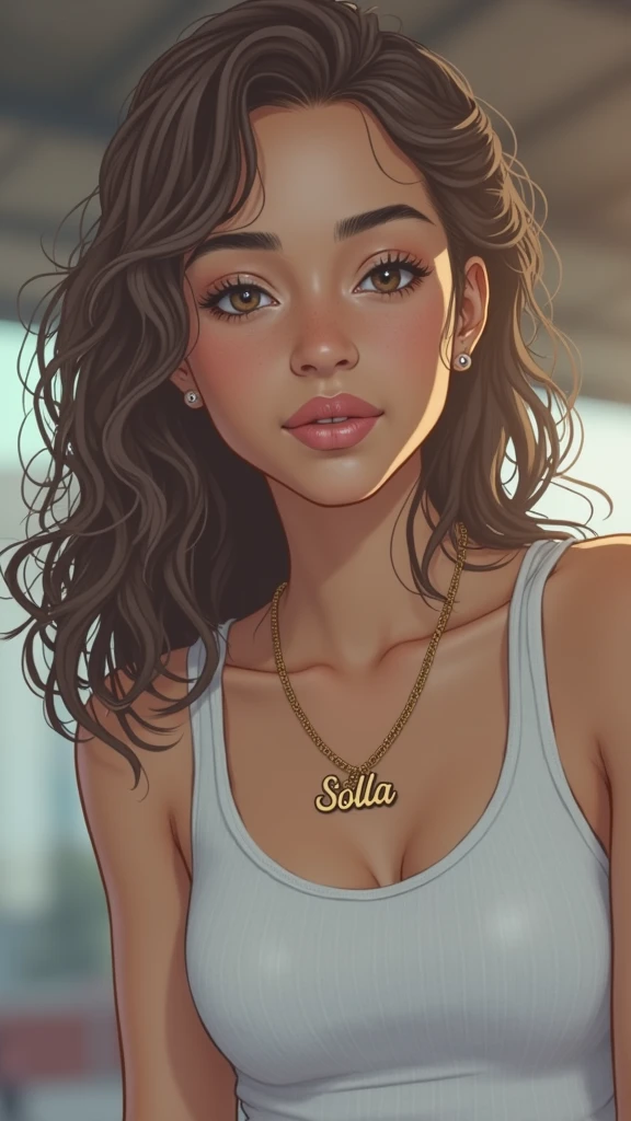 1 Brazilian girl. Small, slightly slanted black eyes. Medium brown wavy curly hair. A fuller face and well-defined lips. Darker brown skin. A necklace with the name Solla. Smaller, more slanted eyes. Curly hair, much more frizzy. For some reference to the LGBT communit.