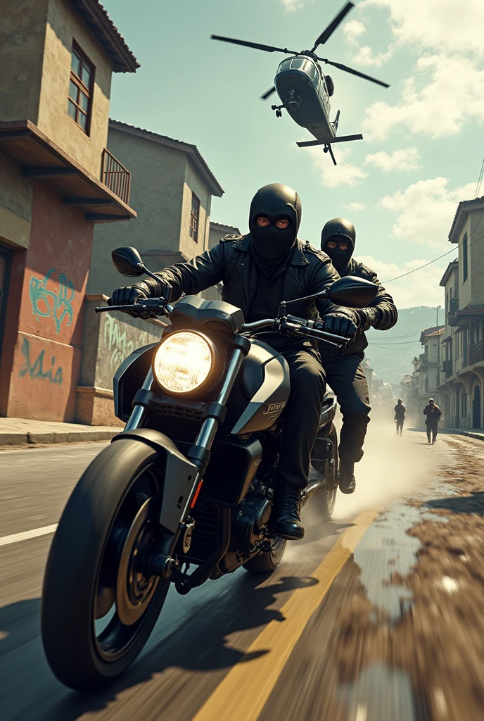 game cover, Faction, BANDITS IN A, brazil, helicopter escape, gta style, No realism. uma chat, create a cover for a game about faction, puts two bandits in an mt-07, com uma favela do brazil de fundo, com um helicóptero de policia do brazil.BANDIDO EM UMA motorbikerbike MT-15, brazil, 20% realisiticCHAT, CRIE UMA CAPA PARA MIM SOBRE JOGO DE Faction, BANDIDO EM UMA motorbikerbike "HORNET", DANDO Leak DA POLICIA, brazil, 20% realisitic. I WANT A WELL MADE COVER.leak DA POLICIA, leak, cloudy sky, brazil, sao paulo, hill, PMESP, motorbike, motorbike MT-07, FAVELA brazil, motorbike PRETA, Man in thief mask, game cover, 80% realisitic, SÃO PAULO MILITARY POLICE HELICOPTER IN THE SKYLeak DA POLICIA, Leak, cloudy sky, brazil, sao paulo, Hill, PMESP, motorbikerbike, motorbikerbike MT-07, FAVELA brazil, motorbikerbike PRETA, MAN WITH THIEF MASK, game cover, 80% realisitic, SÃO PAULO MILITARY POLICE HELICOPTER IN THE SKYa chat, create a cover for a game about faction, puts two bandits on a motorcyclerbike, com uma favela do brazil de fundo, com um helicóptero de policia do brazil, and in front put the name "Commands" with a graffiti font.leak DA POLICIA, leak, cloudy sky, brazil, sao paulo, hill, PMESP, motorbike, motorbike MT-07, FAVELA brazil, motorbike PRETA, Man with MASCARA DE LADRÃO, game cover, 80% realisitic, SÃO PAULO MILITARY POLICE HELICOPTER IN THE SKY, Man with, fast speedBackground: A vibrant and detailed Brazilian favela, with stacked houses, graffiti on walls and busy streets. The sky is cloudy, giving a tense tone to the scene.
Personagens: Dois bandidos em uma motorbike MT-07 ou Hornet, with one of them holding a pistol while the other is on the handlebars, looking back, as if they were on the run. Both are dressed in urban clothes, like jackets and caps, symbolizing the favela culture.
Action: From a distance, some men from the favela holding pistols, showing that they are ready to help the bandits escape.
helicopter: A police helicopter is in the sky, with flashing lights