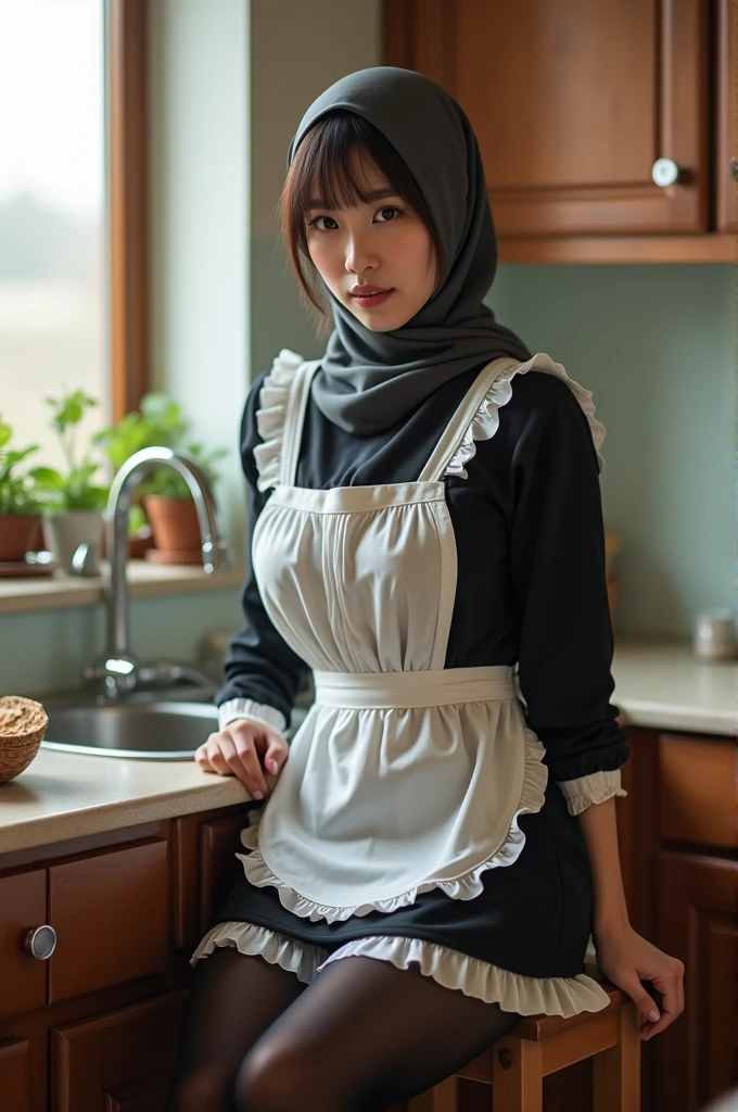 Asian girl , Maid outfit , Sit on M's legs. , Tied up ,very big breasts , Hijab Garden , Look at the underwear. ,tights ,In the kitchen, I saw a big breast.