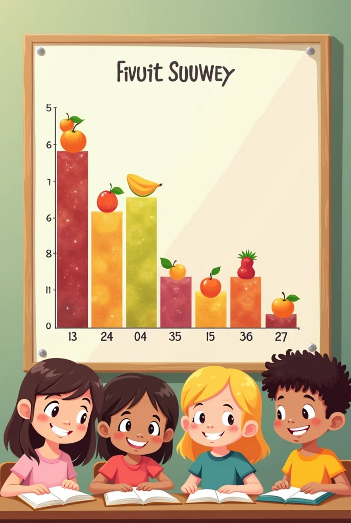 A bar graph shows the favorite fruits of a group of children.:

apples: 8 children Bananas: 5 Orange Children: 6 children Grapes: 7 children