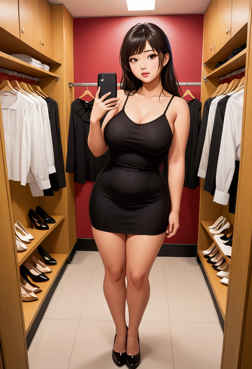 femme de 20 ans, Cheveux noirs très longs, frange, asiatique aux yeux marron, Des seins généreux et lourds , chubby, lèvres pulpeuses, naturellement courbé, cuisses musclées , fitting room, chemisier et jupe longue blanche ,selfie, heels