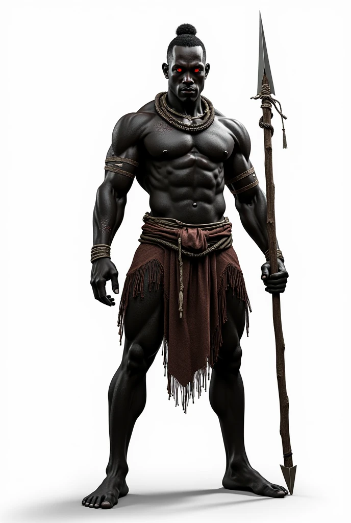 african tribal man, black skin, red eyes, spear, full body, realist, white background
