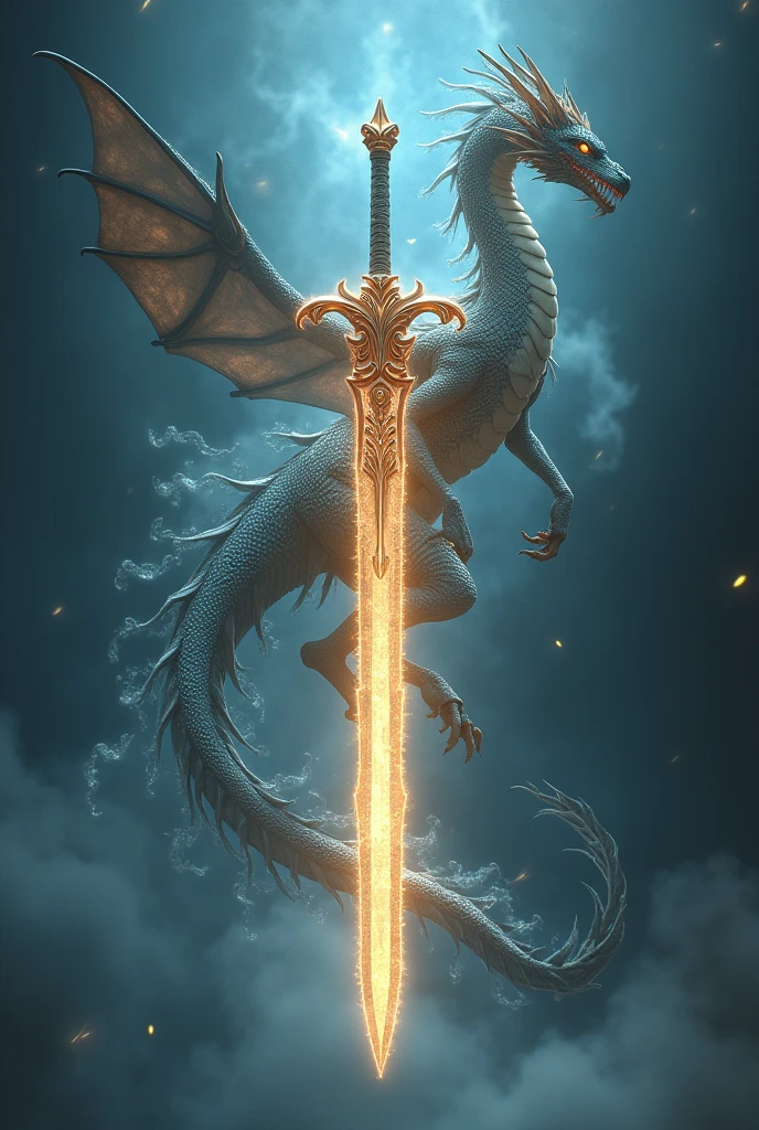 Powerful floating sword and behind it there is half of a wise feminine dragon both together emits an aura of power and protection 