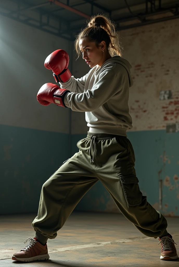 a girl boxing in hoodie and cargo pants