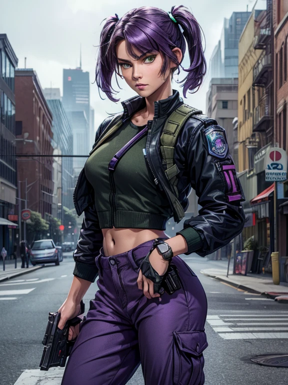 ((masterpiece)), ((best quality)), ((highres)), 1girl, solo, police officer, (matching pants, slacks), city backdrop, (holding and aiming pistol, detailed pistol, glock 22, trigger discipline), standing, medium hair, (purple hair, twintails), (green eyes),