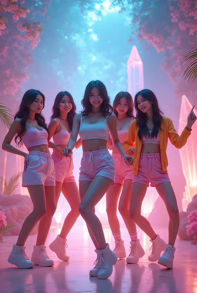 Kpop group of five teenagers in flirty clothes in a magical place 