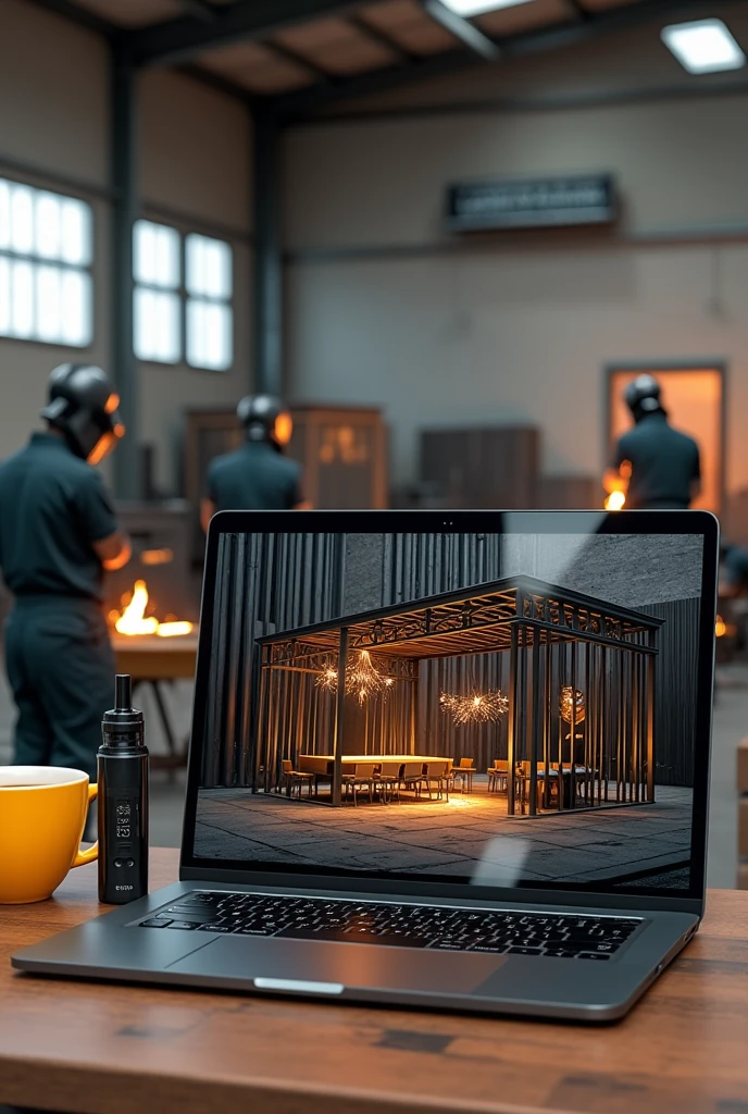 Laptop screen shot showing 3d design of iron frame cafe. Beside the laptop is a black vape the size of a finger and a yellow coffee cup.. Behind the laptop there are several welders welding iron fences and canopies in a large warehouse with lots of iron poles., there is an iron board written "lasvegas workshop" in Indonesian