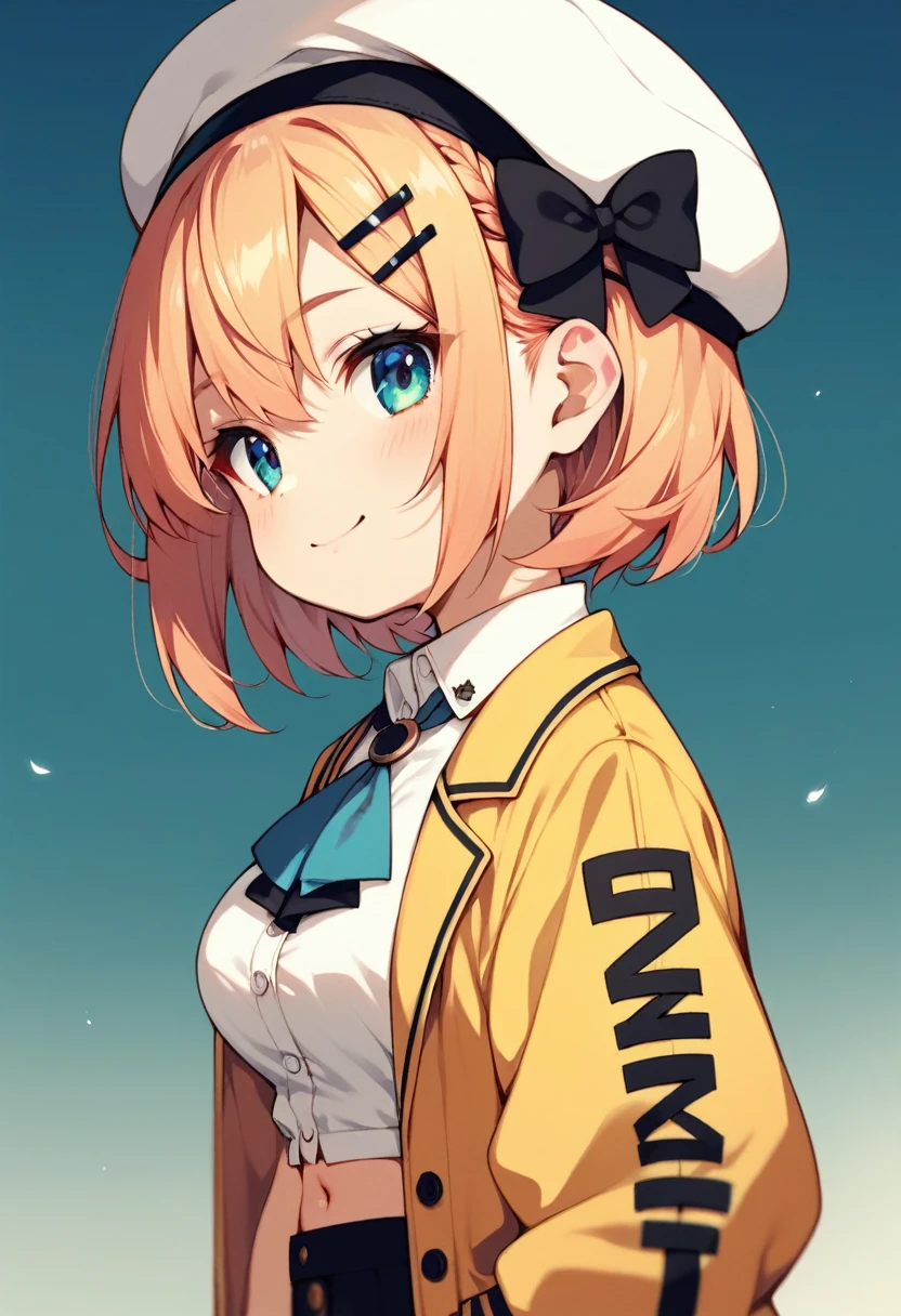 score_9, score_8_up, score_7_up, rating_safe, 1 girl, cute, (shortstack:1.3), (petite:1.2), human, thick thighs, medium breasts, ReisalinStout, short hair, hairclip, black bow hairband, RyzaSecond, short hair, braid, white beret, black bow hairband, hair flower, key necklace, yellow jacket, collared jacket, white shirt, collared shirt, blue neckerchief, sleeveless, navel, fingerless gloves, single sleeve, white sleeve, (close-up, headshot portrait:1.3), side view, head tilt, slight smile