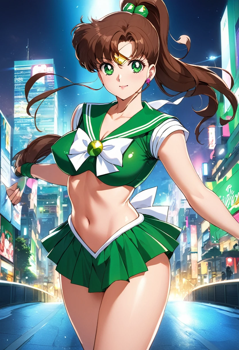 masterpiece, Highest quality, High resolution, ((Sailor Jupiter)),1990s \(style\),、(E-cup beautiful breasts)、tall、Hosomi、sexy、Anime-style painting style,Brown Hair、ponytail、A composition that shows the whole body、Composition from the front、The background is the city、Bold Pose、Shining Background、Glowing Skin、glamorous、gorgeous