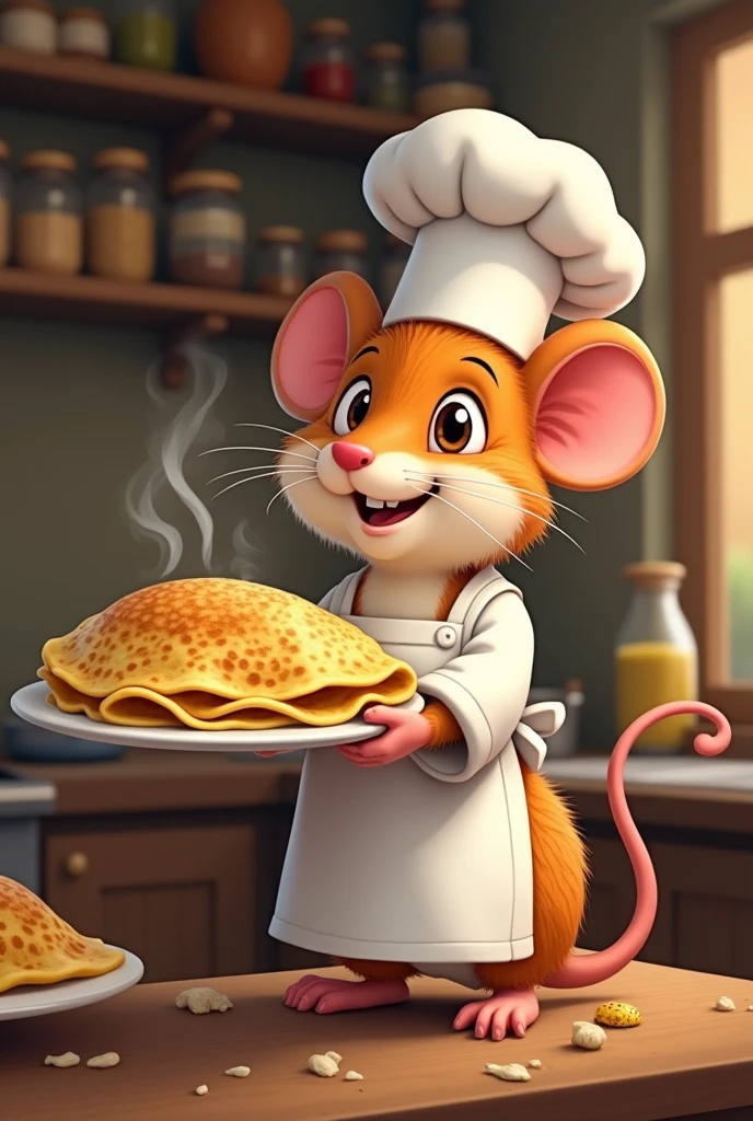 Mouse dressed as a chef with a plate of pupusas in his hand