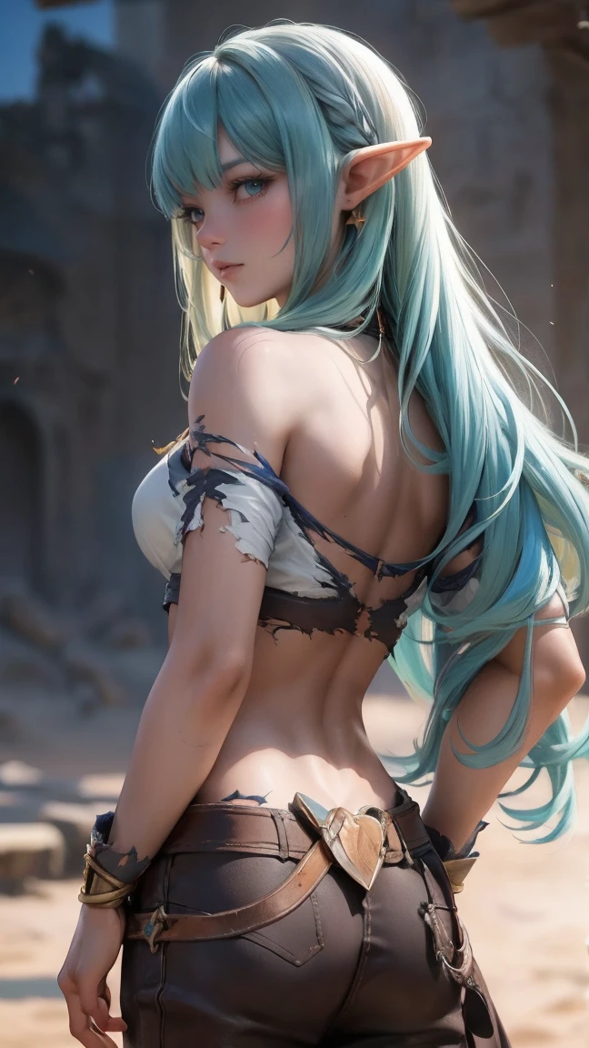 Ariel, upper body portrait, elf, beautiful, (slave clothes), sex slave, midriff, fit, long hair, cowboy shot, rear view looking back, desert background, realistic fantasy ,concept art, wearing rags, torn rags,