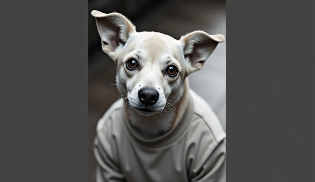 **Prompt:** A surrealist portrait where a dog is transformed into a human being, maintaining canine characteristics in its appearance. The human has the facial structure of a dog, with expressive eyes and slightly pointed ears, but with a human body and clothing. Human skin reflects the color of the dog&#39;s coat, with a smooth texture, remembering the short and well-groomed coat. He's dressed in casual clothes, like a shirt and pants, and the background is neutral, highlighting the canine human as the main focus. The facial expression mixes traits of loyalty and curiosity typical of a dog, creating a stunning and unique effect.