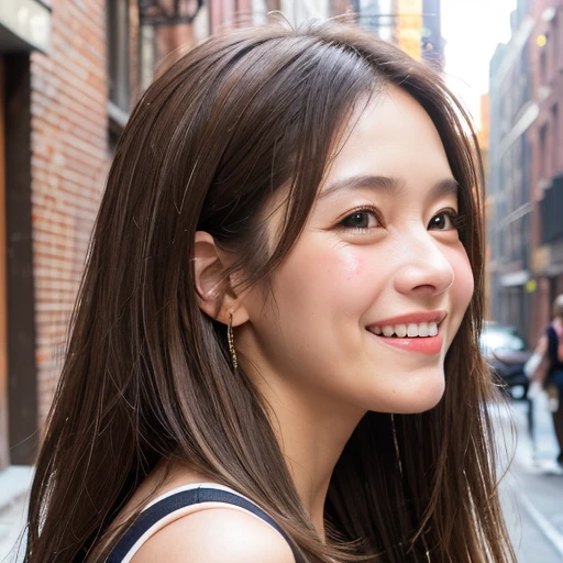 (((Face close-up)))、(((Brown straight hair)))、(((She is photographed with the backdrop of a New York alleyway))、(Natural laughter:1.25)、、1 girl、Independent、I'looking forward to it、Natural Makeup、Brown Hair Color、flat 、、Quality of actress、Shiny, Ultra-realistic faces、smile、Watery eye、look up、Subtle lighting effects、 Ultra-Realistic Capture、Very detailed、High resolution 16K human skin closeup。Skin texture must be natural、The detail must be such that the pores are clearly visible..、skin is healthy、Even Tone、Use natural light and color、worn out, High quality photos taken by modeling agencies'In-house photographer.、smile、(((Sigma 300mm F/1.4,1/1000 sec shutter,ISO400)))、The background is F-stop 1....4 is blurry