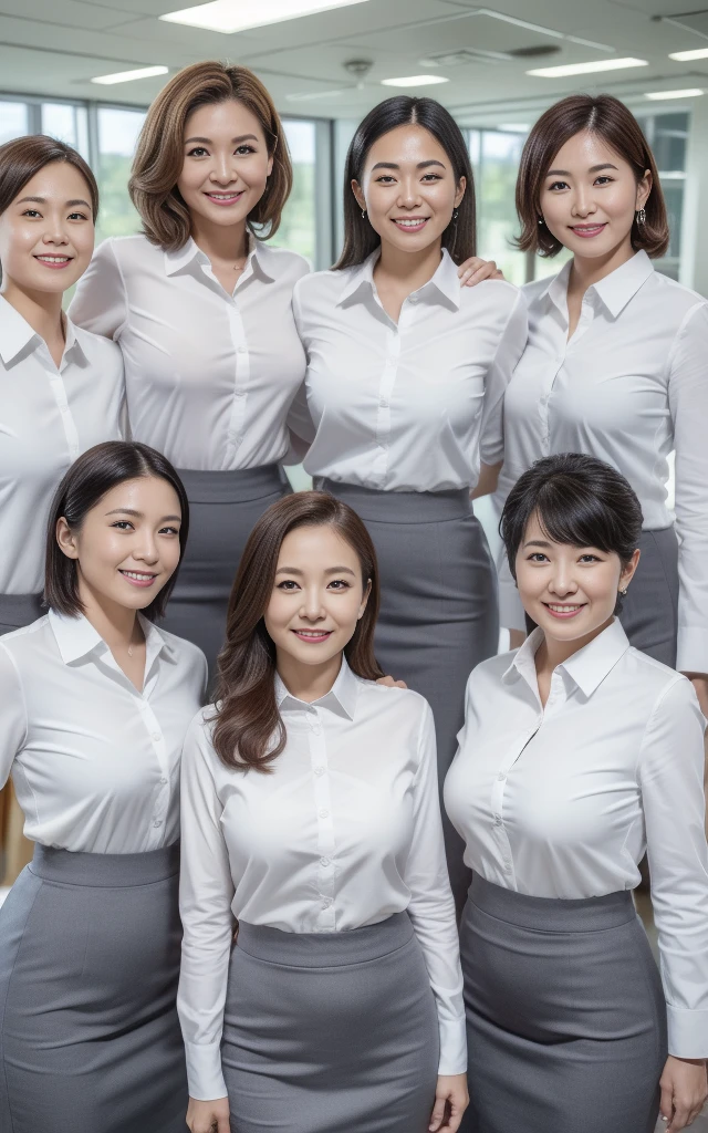 ((Best Quality, 8k, Masterpiecedetails, ultra-high resolution)), (group picture),(looking at the viewer), (full shot:), attractive business 3 milfs, 3 people, a bit chubby:0.25, seductive expression, white collared shirt, grey skirt, ((standing in, smile, office of CEO)),