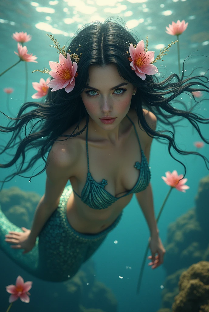 mermaid, black hair adorned with flowers, swimming in the seas, looking at the camera