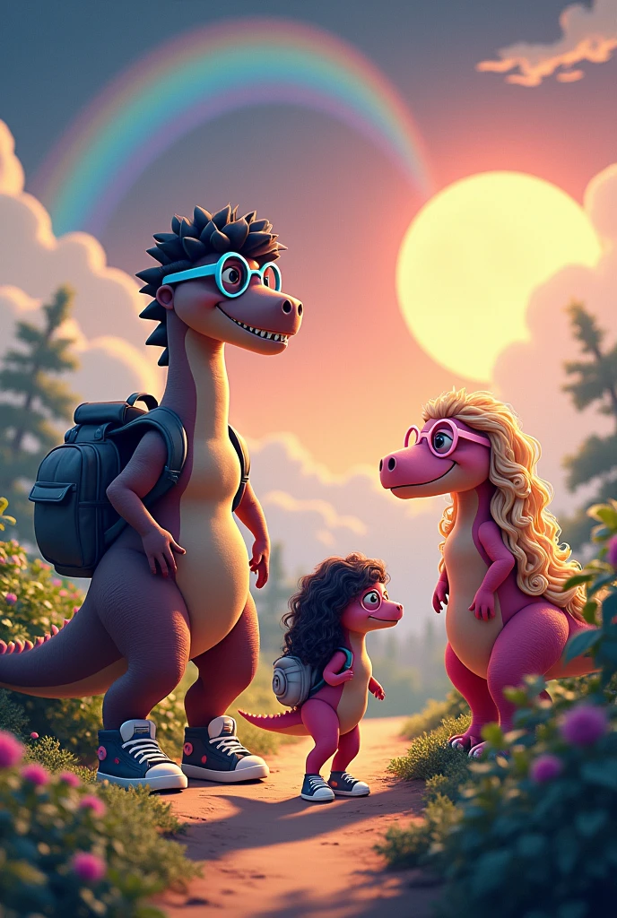 Father dinosaurs high, Bblack hair, Wearing blue glasses, wearing sneakers, gray backpack. Tall beautiful pink dinosaur mother, long curly blonde hair, Wearing Pink Glasses, turned legs, wearing sneakers, black backpack. Pink Dinosaur Daughter, Wearing Pink Glasses, long black curly hair, wearing sneakers, pink backpack. Bright orange sun in the sky, very beautiful rainbow, big bright moon and bright Jupiter. trail landscape. Disney style. 4K, High definition. Everything is very beautiful.