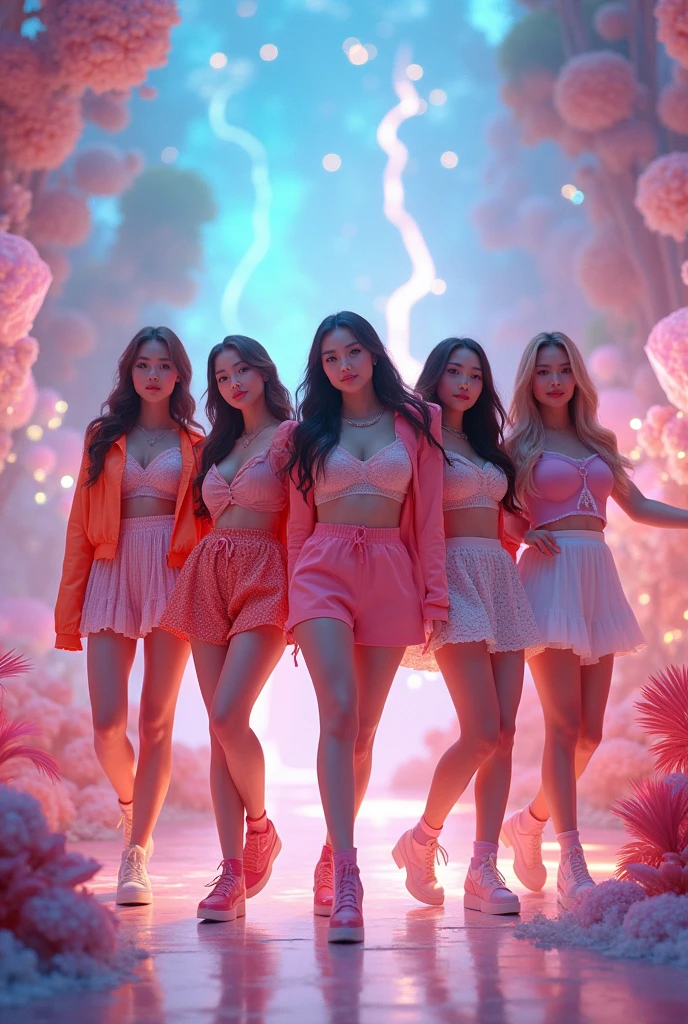 Kpop group of five agers in flirty clothes in a magical place 