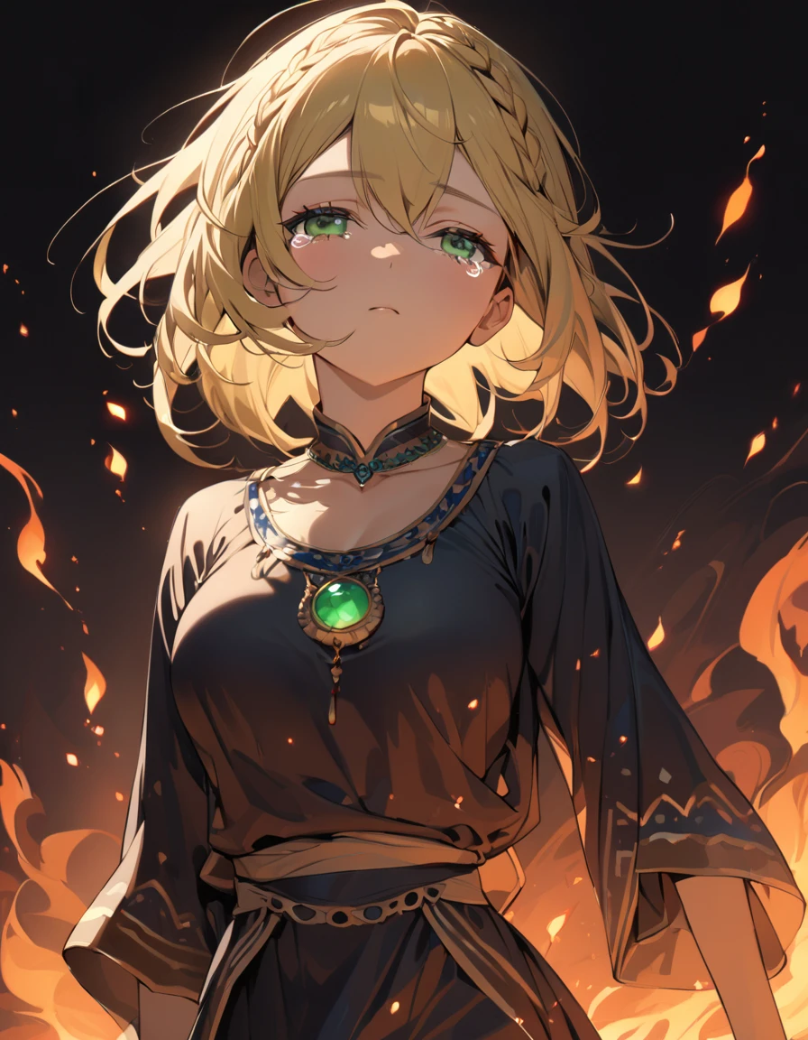 (masterpiece)、(absurdres)、(ultra detailed)、(8k),Anatomically correct,(solo woman:1.1,long yellow hair:1.1,hair between eyes,frech braid,big breast:0.9,BREAK,green eyes,(),little round sapphire pendant:0.9,(),black stripes indian costume:1.1,(),upperbody shot:1.2,looking away,looking up:1.0,half-closed eyes,Expressionless,tears,walking,Magical flames float around:1.2,simple darkness background,in the darkness:1.2,