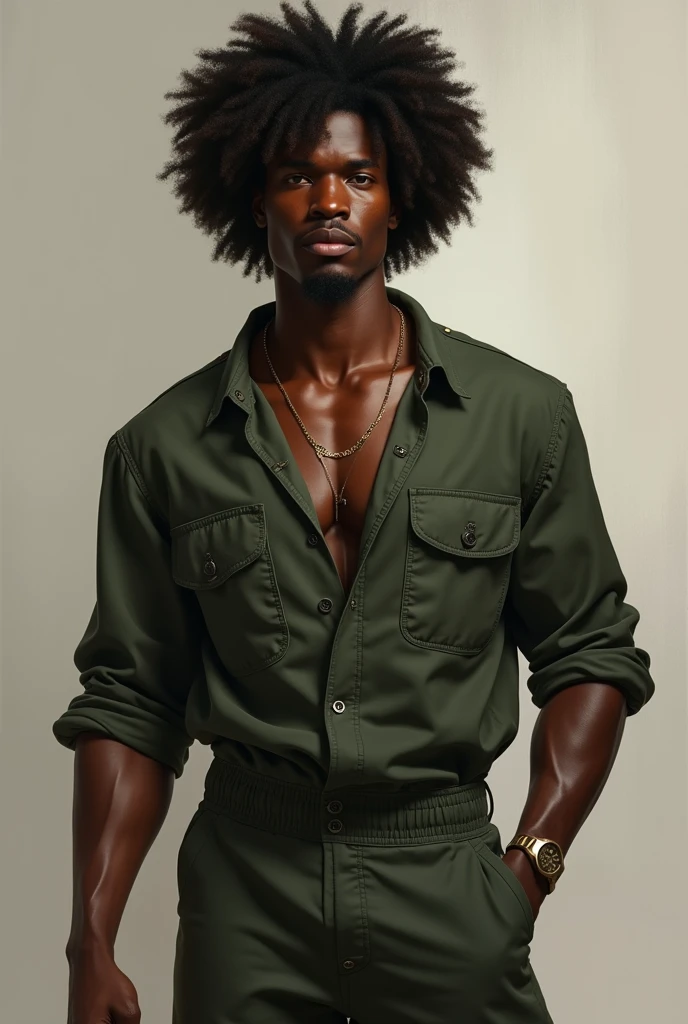 black male, 1,79 tall, big curly hair, eyes browns, thick lips, dark green jumpsuit.
