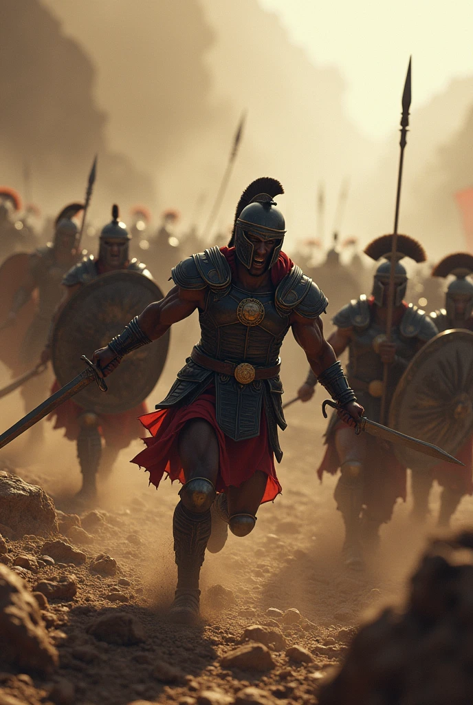 Black gladiators attacking enemy soldiers.