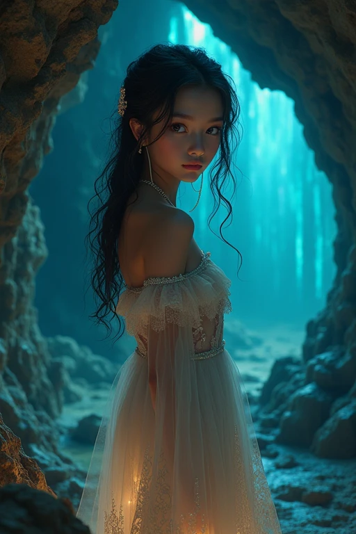 A girl from below, beautiful detailed eyes, beautiful detailed lips, extremely detailed face, long eyelashes, intricate dress, standing in a mysterious cave, glowing crystals, dramatic lighting, chiaroscuro, cinematic composition, digital painting, vibrant colors, highly detailed, hyper realistic, 8k, masterpiece