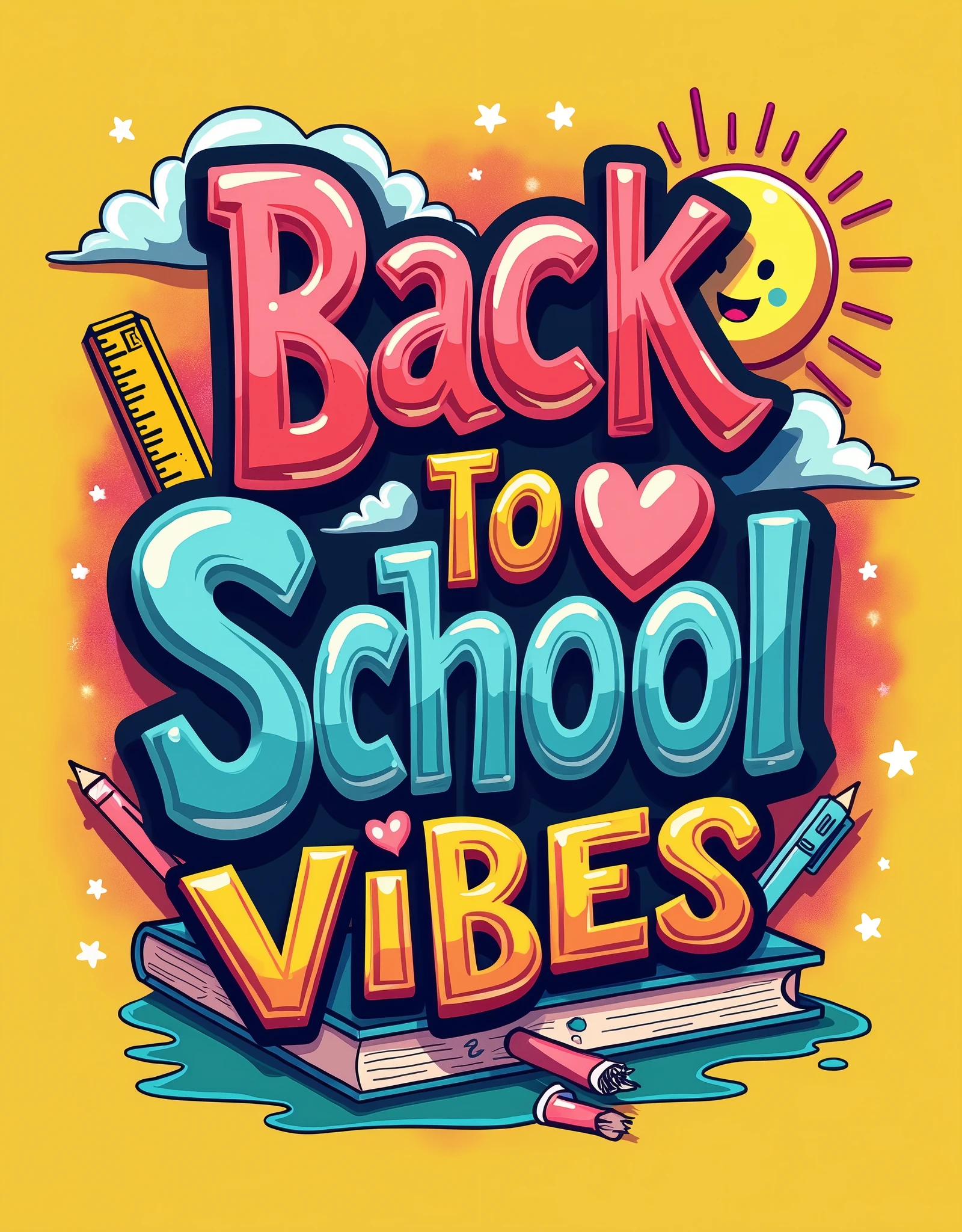 "Back to School Vibes" Design: A fun and colorful t-shirt design with the phrase "Back to School Vibes" in a groovy, retro font. The design includes playful icons such as a stack of books, a ruler, and a smiling sun, all in a bright color palette that evokes excitement for the new school year.