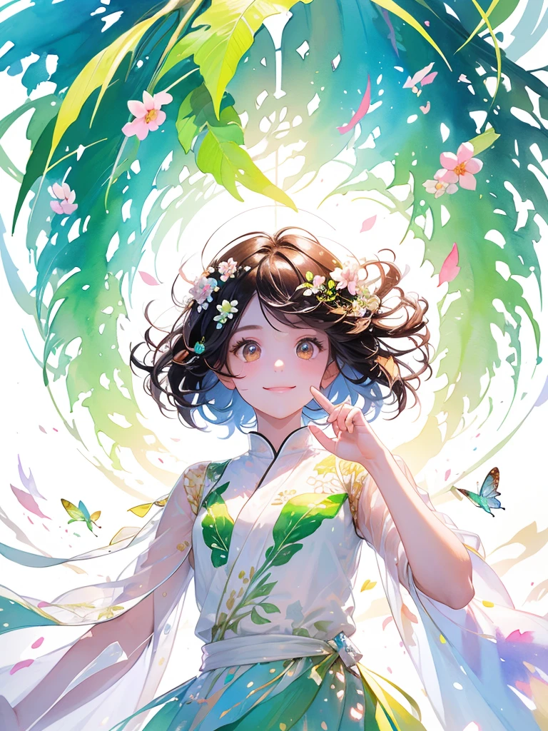 (masterpiece、Highest quality、Highest quality、Beautiful and beautiful:1.2)、Excellent anatomy、(Watercolor painting 1.5)、Composition looking up from a low position、Long Shot、Straight short hair picture、Beautiful smile、Butterfly fairy costume、Pure white、Pure、charm、Colorful flowers, Flowers and leaves green wind、Botanical Art, Mr.々A pose