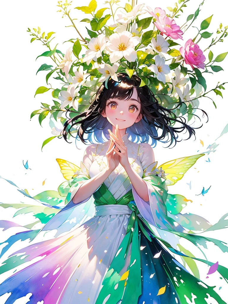 (masterpiece、Highest quality、Highest quality、Beautiful and beautiful:1.2)、Excellent anatomy、(Watercolor painting 1.5)、Composition looking up from a low position、Long Shot、Straight short hair picture、Beautiful smile、Butterfly fairy costume、Pure white、Pure、charm、Colorful flowers, Flowers and leaves green wind、Botanical Art, Mr.々A pose