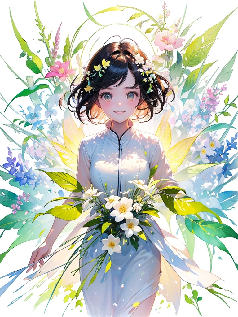 (masterpiece、Highest quality、Highest quality、Beautiful and beautiful:1.2)、Excellent anatomy、（Watercolor painting 1.5）、Composition looking up from a low position、Long Shot、Straight short hair picture、Beautiful smile、Butterfly fairy costume、Pure white、Pure、charm、Colorful flowers, Flowers and leaves green wind、Botanical Art, Mr.々A pose