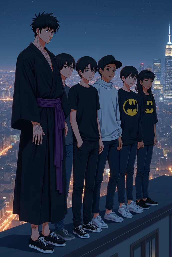 Create an image of 10 anime style friends, in the background there is a city and it is night in the city, New York style, and they are side by side on top of a building looking at the view.
The first, he is wearing a black kimono and his arms have veins, it is white in tone.
he has black hair and he has a purple belt tied around his waist, he has a confident face, but without smiling. He's wearing all-black sneakers..
the second, wears black clothes, is wearing a sweatshirt and black pants, and shoes too. is wearing a black hat. and his mouth has a slight smile. and his eyes shine white. your hair is black. He has a white belt around his waist.
The third, is wearing jeans and a Batman symbol sweatshirt. and a black sneaker too. your hair is black, and your skin tone is black.
The fourth, he is wearing white sneakers, he is wearing black jeans, and a turtleneck shirt, He has brown hair and is smiling and his skin tone is light.