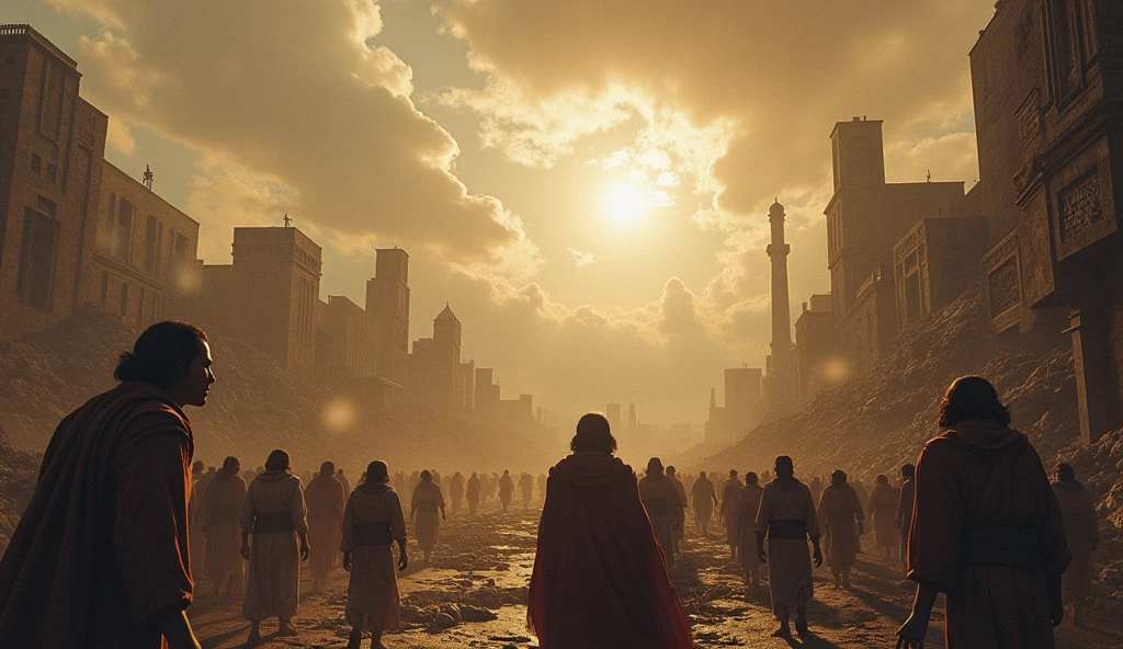 A panoramic view of the city of Sodom collapsing, with buildings collapsing and people in despair. The sky is stormy, reflecting the calamity.