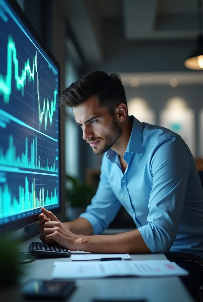 a young male trader looking at a forex candlestick chart