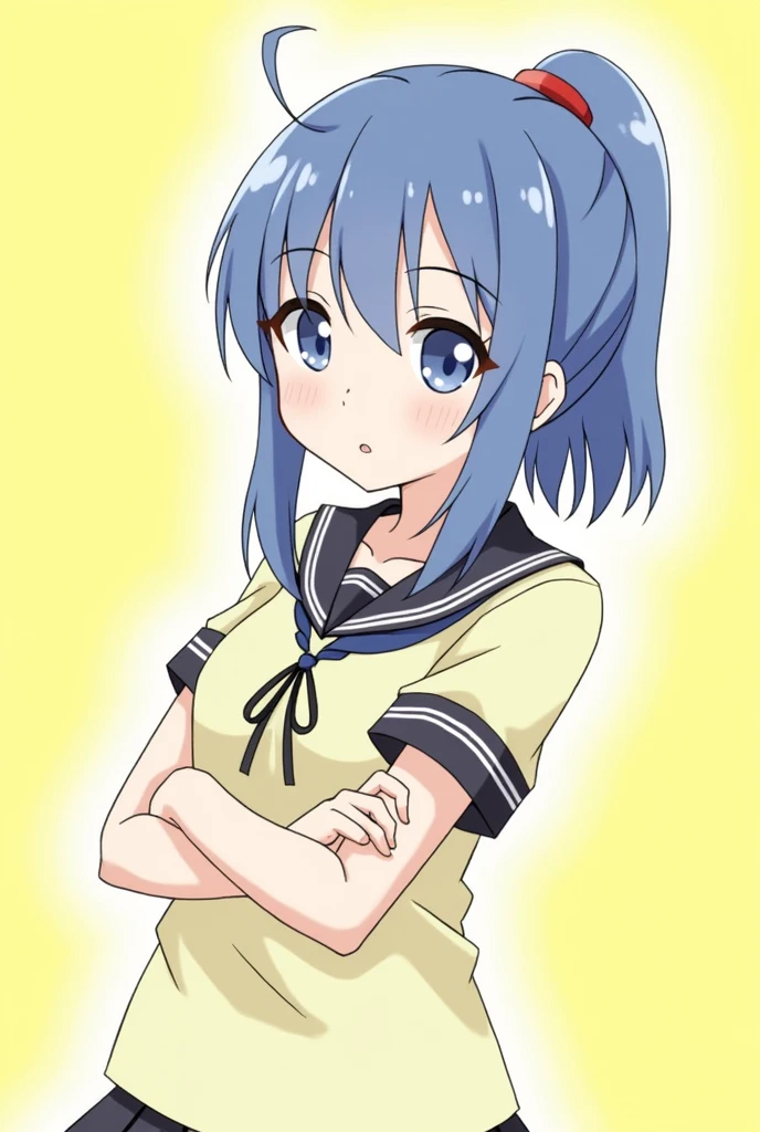 1girl, blue hair, upper body, yamamoto souichirou, zurikishi kancolle, zurikishi kanji, zuihou azusa, zuihou school uniform, zuihou school uniform, zuihou school uniform, zuihou school uniform, zuihou school uniform, yellow 