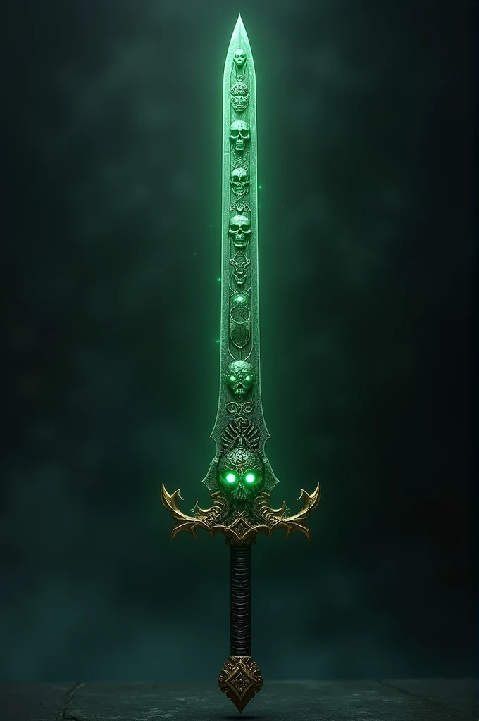 a half long sword with skulls with eyes glowing neon green, with gold details