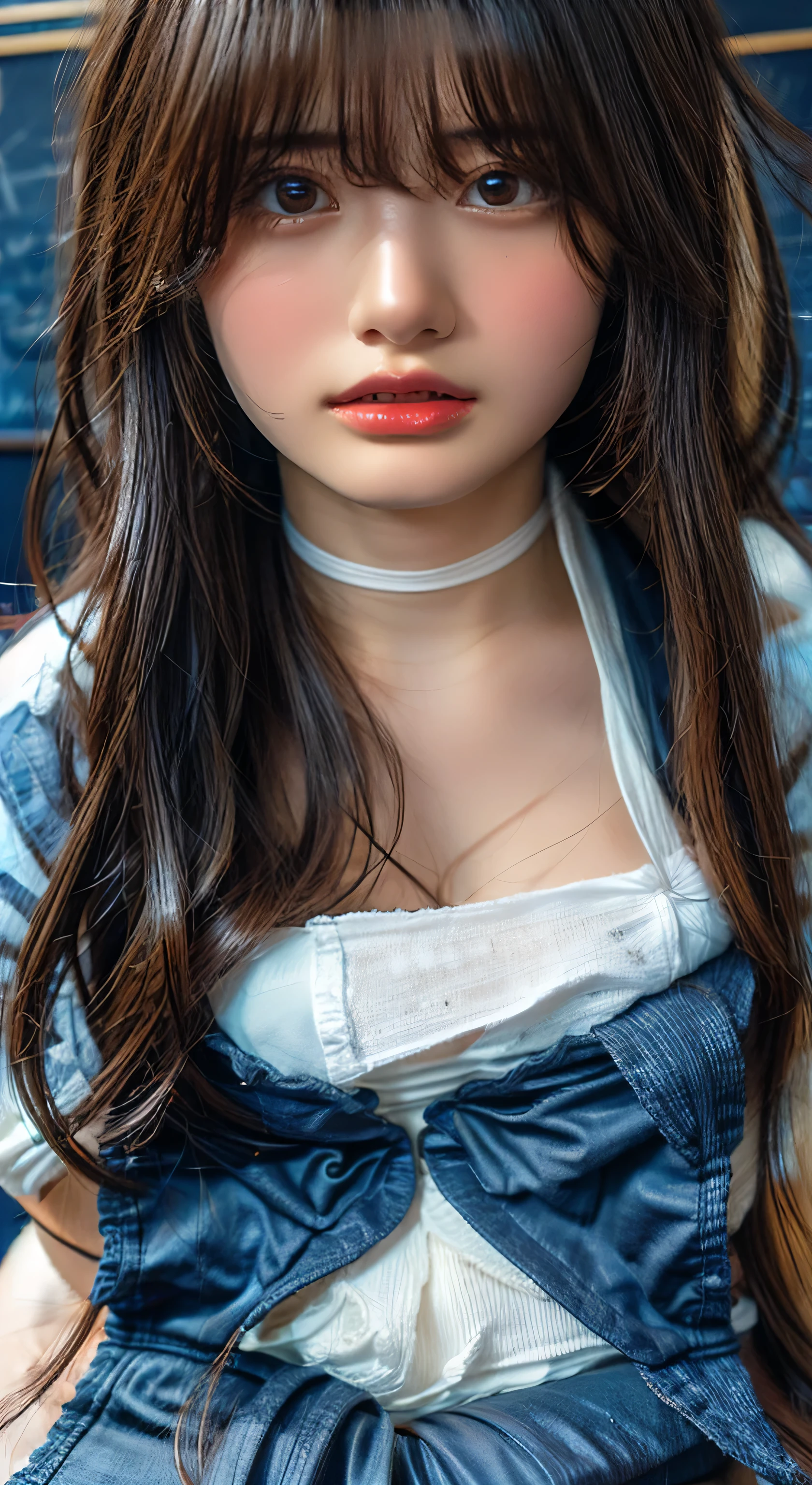 (Highest quality、Tabletop、、Best image quality、Award-winning works)、Extremely cute and lewd high school girl、White polyester collared shirt ripped because her breasts were too big、Short sleeve:1.4)、(Navy Pleated Skirt:1.1)、Girl portrait photography、Glowing Skin、Brown Hair、Are standing、View your viewers、Sculpture Pose、(Classroom Background:1.45)、(Large Breasts:1.8)、Accentuate your body lines:1.1)、Very large red ribbon tie、Very long hair:1.75、((A face that pampers men:1.95))