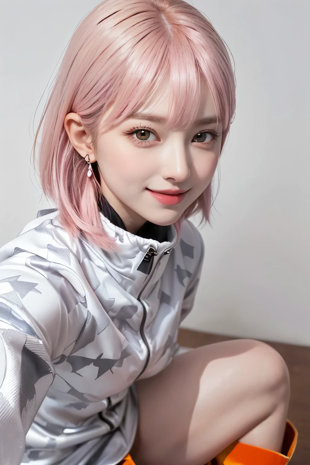 (8K, top-quality, masterpiece:1.2), ( Super Detail), (One girl), (Highly detailed), (beautifully detailed eyes), (of the highest quality), (super detailed ), (masterpiece), (Detailed face), ((pink hair,)), blunt bangs, bob cut, medium breasts, clothed, Perfect Lighting, BREAK, (pastel orange glossy winter clothes:1.3), (geometrical pattern:1.2), high neck, (long cut:1.3), (glossy fabric:1.5), matte finish, (boots:1.1), sleek and slim, (silvery earrings:1.1) with a touch of sparkle, glossy makeup, sleek hair, fitted and sexy silhouette, stylish and modern look, BRAKE, (cowboy shot:1.3), (aroused smile:1.1), (white background:1.1)