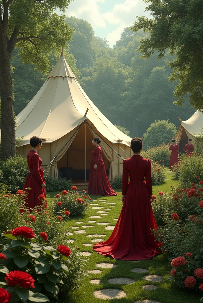 Make an image like a garden where there are some tents and there are people dressed in formal red clothes investigating what is inside the tents. that the tents are not modern