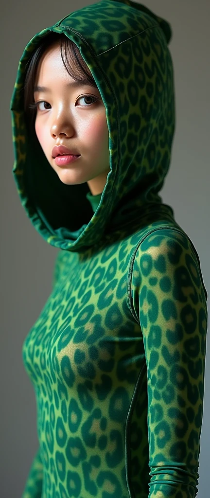 the twenty nine years old asian chinese contortion girl wears green leopard print lycra and spandex turtleneck unitard catsuit and green leopard print lycra dancewear hood.She has beautiful cheeks.