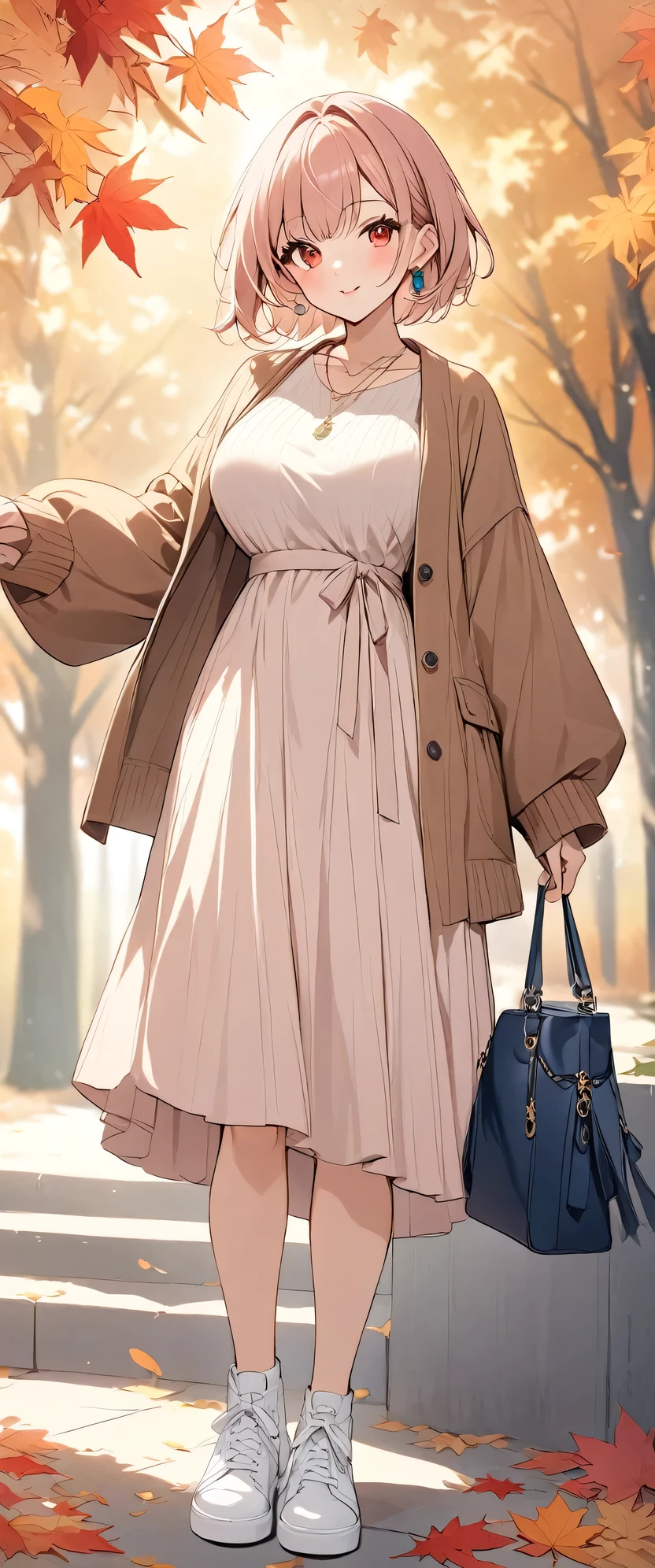 Highest quality、High resolution、Detailed Background、(Beautiful face in every detail:1.4)、Detailed red eyes、Normal number of fingers、Highly detailed face、Detailed eyes、Beautiful women in their 20s、Huge breasts、Light color hair、Braided bob cut、ponytail、Perfect body line、Cute Eye Makeup、Cute Lip Makeup、Cute gestures、
(As the cool autumn breeze blows、Autumnal leaves々A beautiful woman posing as a model against the background:1.5)、
Knit dress design、We recommend a midi length A-line silhouette.、The loose silhouette creates a feminine look.、The knit material is a soft cashmere blend that gives a stylish and elegant impression.、
The colors are deep autumnal browns and greens.、Beige is recommended、The calm colors bring out the mature look.、For accessories, simple gold or silver necklaces and earrings are good choices.、Pair it with a knitted dress for an elegant look.、For your feet, we recommend suede short boots or slip-on sneakers.、
Cashmere short coats and cardigans are stylish、Choose a similar or contrasting color to match your dress for an elegant look.、very beautiful