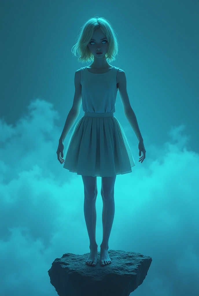 (photorealism:1.2), beautiful woman, swedish, blonde,sad, pensive, assistant, short pleated skirt, 18yo, (standing on a rock floating in the air), void, hands outstretched projection,looking at camera, short hair, glowing blue eyes, full body