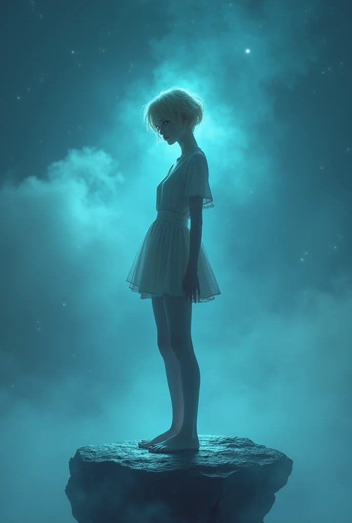 (photorealism:1.2), beautiful woman, swedish, blonde,sad, pensive, assistant, short pleated skirt, 18yo, (standing on a rock floating in the air), void, hands outstretched projection,looking at camera, short hair, glowing blue eyes, full body